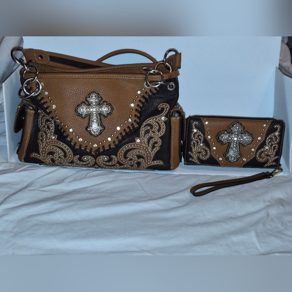 Montana West Handbags - Montana West Brown and Black Cross Embellished Bag Set
